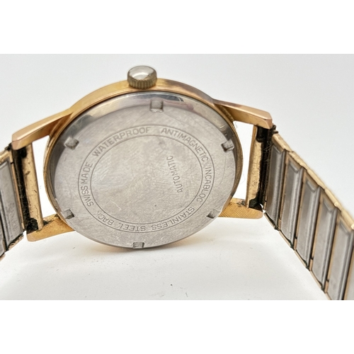 1160 - A vintage Allaine men's automatic wristwatch with gold plated case and strap. Pale gold face with go... 