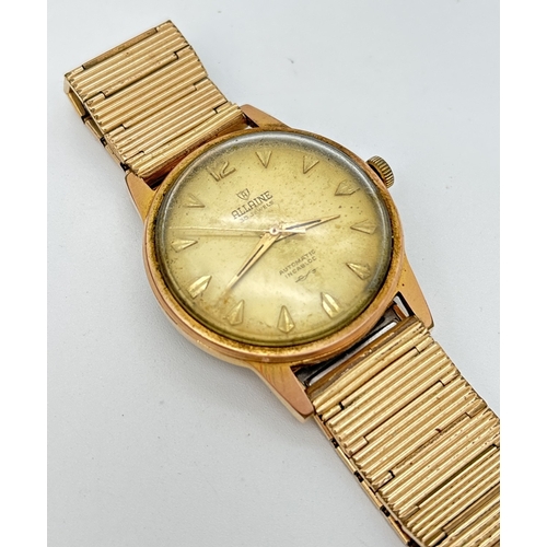 1160 - A vintage Allaine men's automatic wristwatch with gold plated case and strap. Pale gold face with go... 