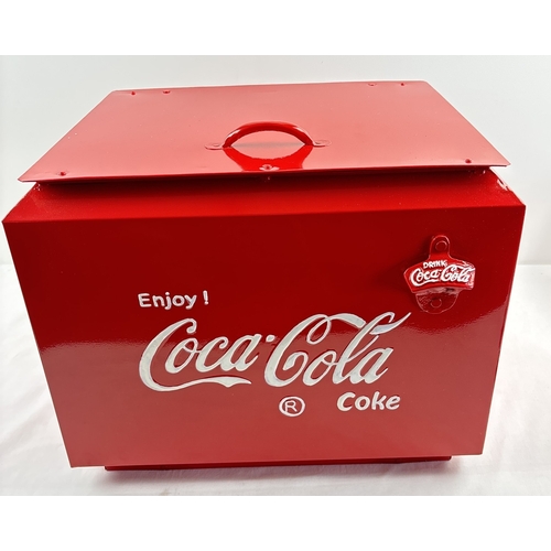 1202 - A modern painted metal 2 handled Coca Cola advertising cool box with lift up lid and bottle opener. ... 