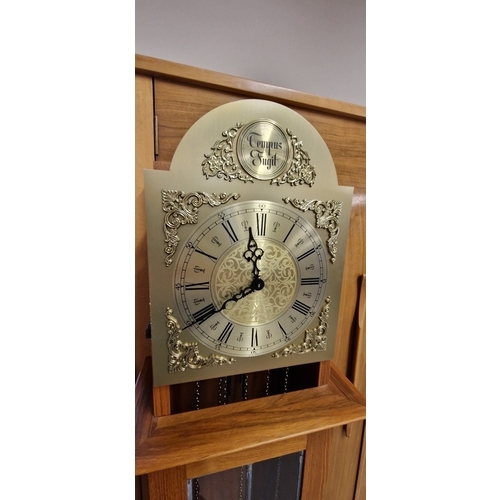 1211 - A mid century light wood Tempus Fugit West Germany long cased clock with leaded glass body. With gol... 