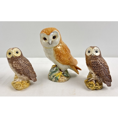 1227 - 3 Beswick ceramic owl figures. 2 x #3272 Tawny owl (approx. 8.5cm tall) together with #2026 Barn Owl... 