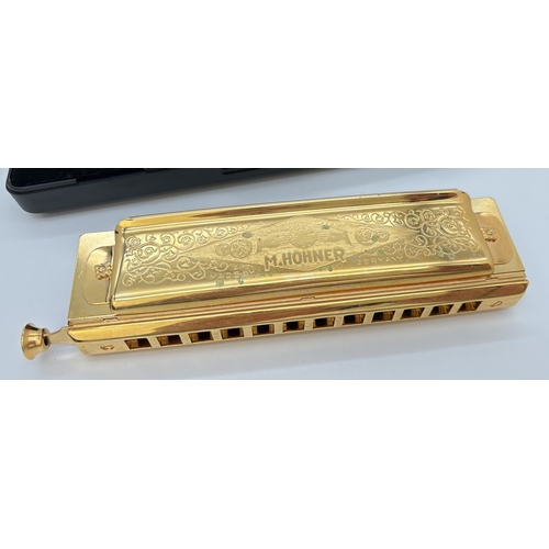 1270 - A cased Super 270 Chomonica Chromatic Harmonica by Hohner in a gold tone finish. In the key of C. En... 