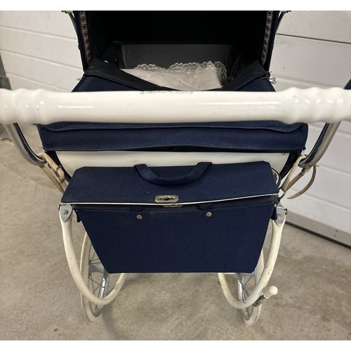 1288 - A vintage 1960's Wilson style Silver Cross carriage pram in blue & white with fluer di lis decoratio... 