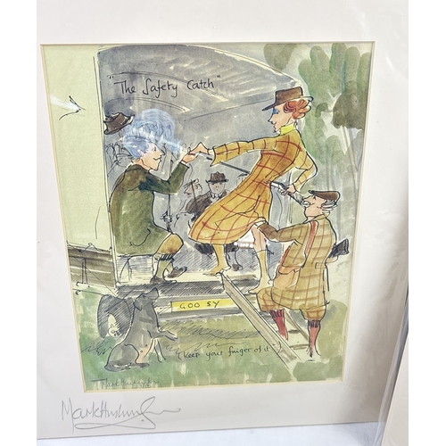 1364 - 3 humorous prints of ink and watercolour cartoons by Mark Huskinson, signed in pencil to mount. Comp... 