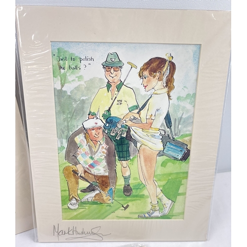 1364 - 3 humorous prints of ink and watercolour cartoons by Mark Huskinson, signed in pencil to mount. Comp... 