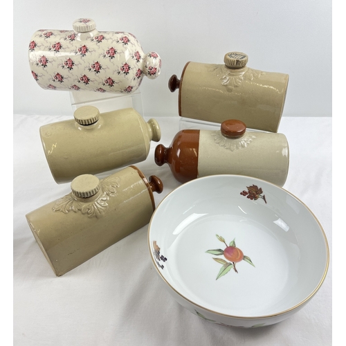 1240 - 5 vintage stoneware hot water bottles, 1 with floral decoration. Together with a Royal Worcester Eve... 