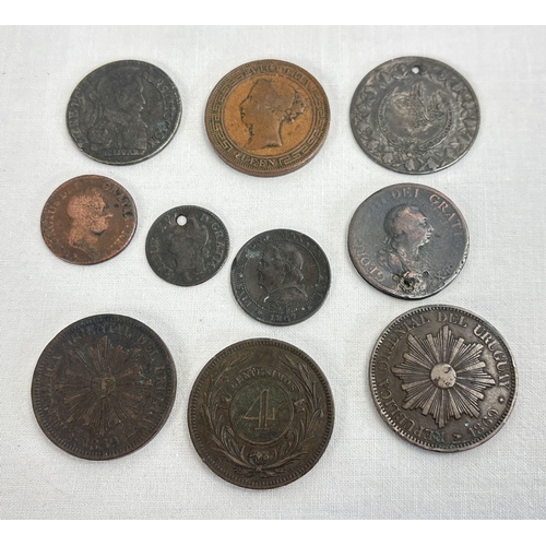 26 - 10 antique British and foreign coins. A Victoria 1870 Ceylon 5 cent coin, George I 1723 farthing, Ge... 