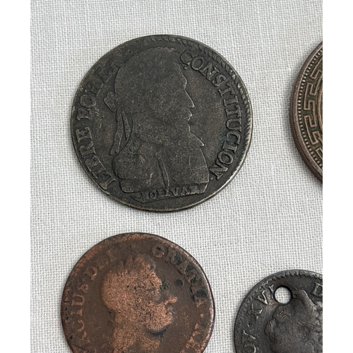 26 - 10 antique British and foreign coins. A Victoria 1870 Ceylon 5 cent coin, George I 1723 farthing, Ge... 