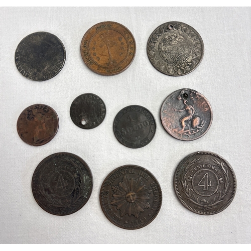 26 - 10 antique British and foreign coins. A Victoria 1870 Ceylon 5 cent coin, George I 1723 farthing, Ge... 