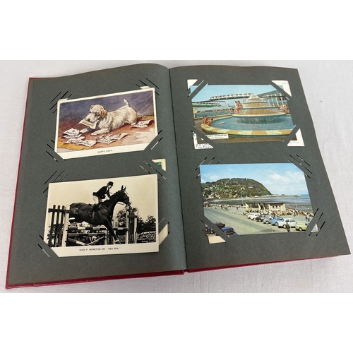 100 - A red postcard album containing 192 vintage coloured and black & white postcards from British isles ... 