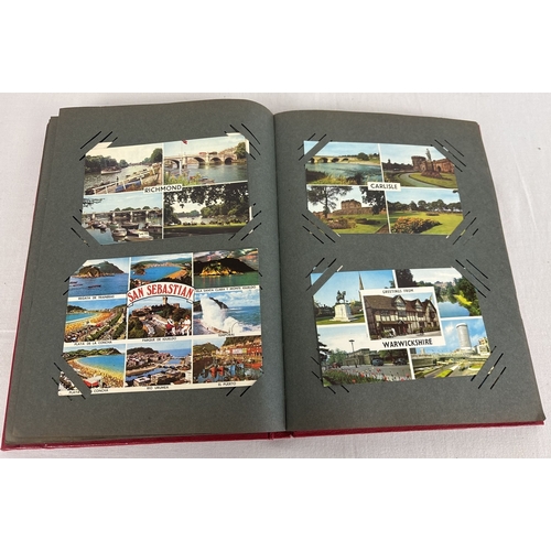 100 - A red postcard album containing 192 vintage coloured and black & white postcards from British isles ... 