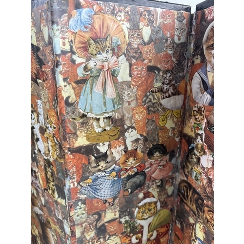 108 - A vintage folding table divider/screen with decoupage decoration both sides featuring cats. Screen m... 