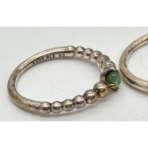 1092 - 2 Pandora birthstone beaded band stacking rings for March and May. Both with Pandora silver marks to... 