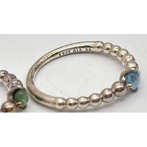 1092 - 2 Pandora birthstone beaded band stacking rings for March and May. Both with Pandora silver marks to... 