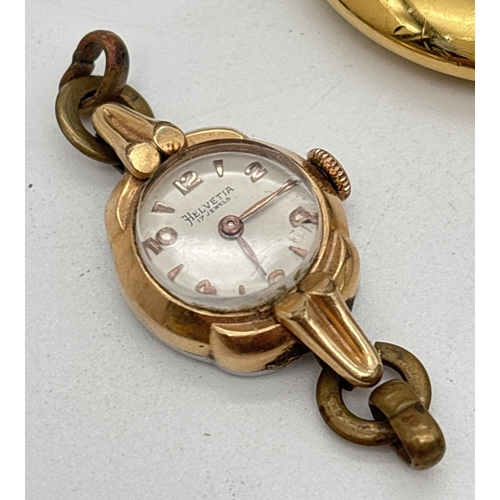 1204 - 3 vintage wristwatches. A gold tone cased Hana quartz wristwatch with brown leather strap; a gold to... 