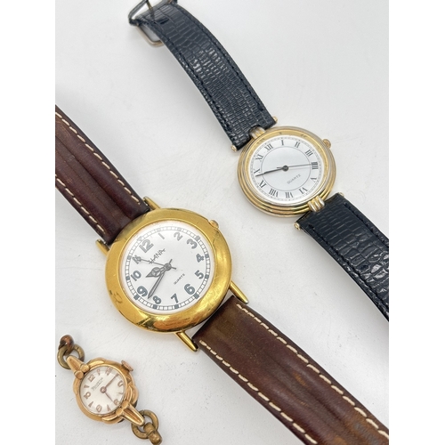 1204 - 3 vintage wristwatches. A gold tone cased Hana quartz wristwatch with brown leather strap; a gold to... 