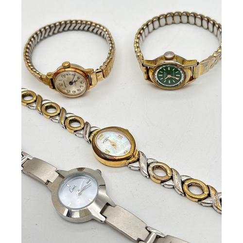 1217 - 4 ladies bracelet strap watches. Expanding strap watch by Halcyon gold; silver tone watch with mothe... 