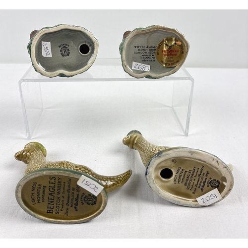 1264 - 4 small Beswick ceramic whisky decanters (empty). 2 x Beneagles Scotch whiskey Loch Ness Monster fig... 
