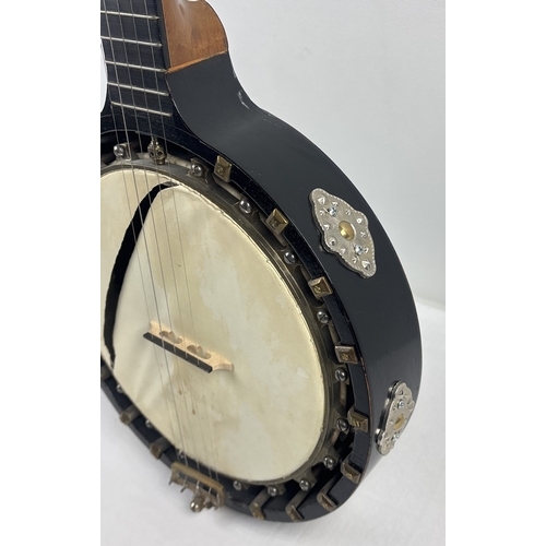 1344 - A Barnes & Mullins Perfect No. 2 zither banjo with vintage cloth bound Reliance carry case and acces... 