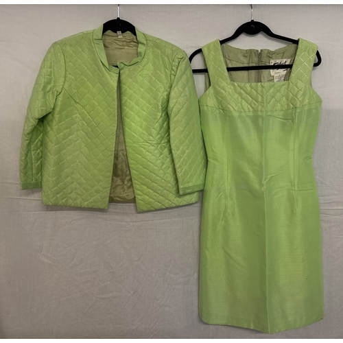 1401 - A 1960's lime green silk sleeveless shift dress and matching jacket by Robert Dorland, London. Quilt... 