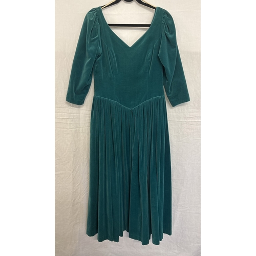 1403 - A 1980's teal drop waist V neck and back velvet dress with 3/4 length sleeves by Laura Ashley, size ... 