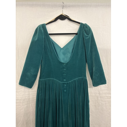 1403 - A 1980's teal drop waist V neck and back velvet dress with 3/4 length sleeves by Laura Ashley, size ... 