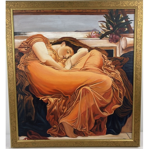 After Lord Frederic Leighton - gilt framed oil on board of Flaming June. Frame size approx. 72cm x 66cm.