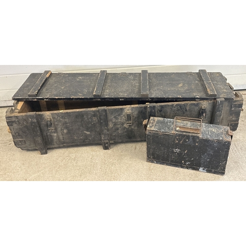 1442 - A vintage long wooden ammo crate together with an H51 MK1 ammo box, both painted black. Largest appr... 