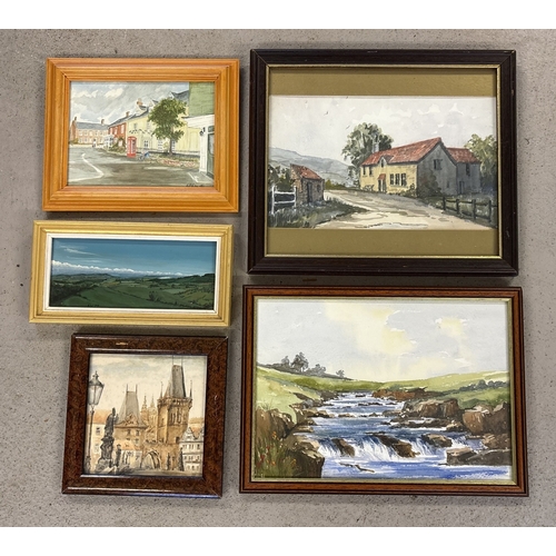 1424 - 4 framed and glazed watercolour paintings together with a small framed oil painting. Water colours d... 