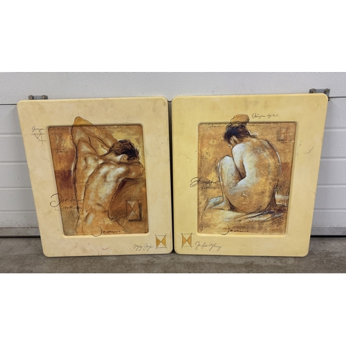 1425 - A pair of modern yellow painted wooden framed prints of nude male and female form, handpainted names... 