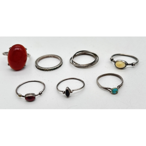 1064 - 7 silver and white metal dress rings to include thin stacking rings. Lot also includes a vintage rin... 