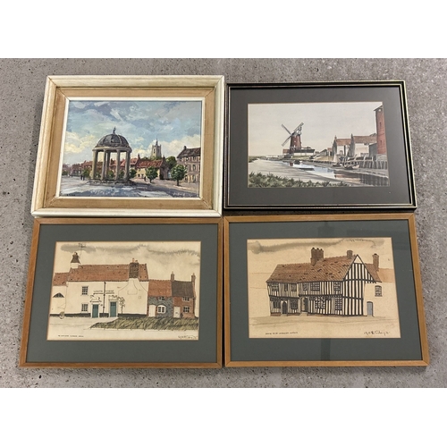 1420 - 4 local interest paintings. An oil on board of Swaffham Market Place by B Ripper 1973, 2 ink and wat... 