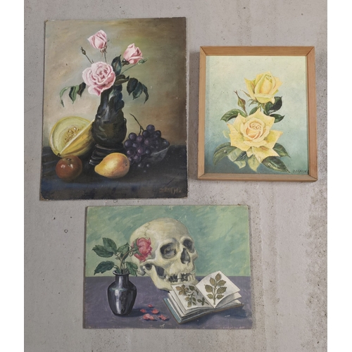 1429 - 3 oil paintings depicting flowers, 2 signed D. Kenyon and 1 named R.A Wilson in pencil verso. Larges... 