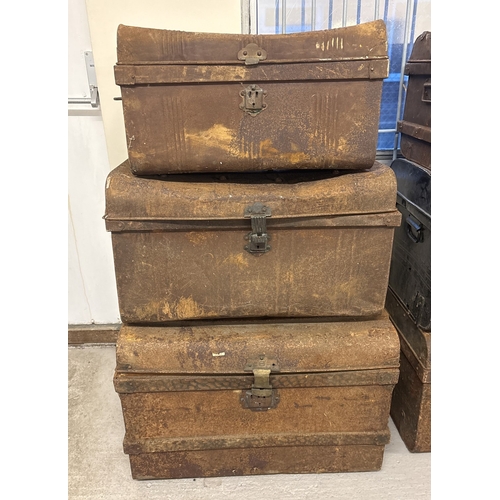 1436 - 3 vintage metal 2 handled trunks, in varying conditions, with original catches, 1 a/f. Largest trunk... 