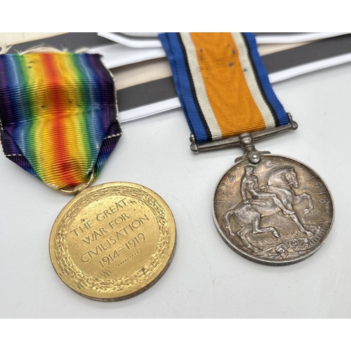 A pair of named WWI medals - War and Victory medal, awarded to F Johncock serving in the RAF. Edge of both medals stamped 236027 . 3 .A. M. F. Johncock. R.A.F. Medals come with ribbons and a photocopy of forces records.