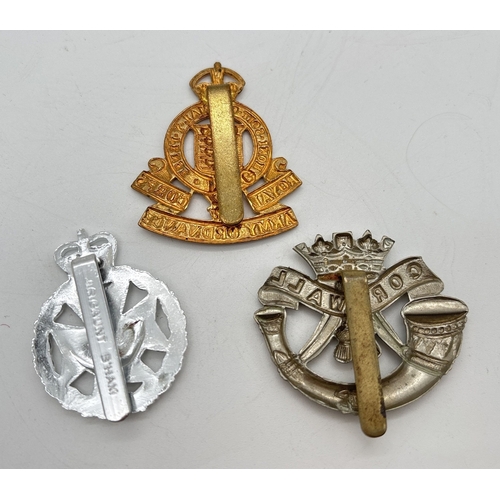 40 - 3 army cap badges with sliders to reverse. RAOC (Royal Army Ordnance Corps), Duke of Cornwall's Ligh... 