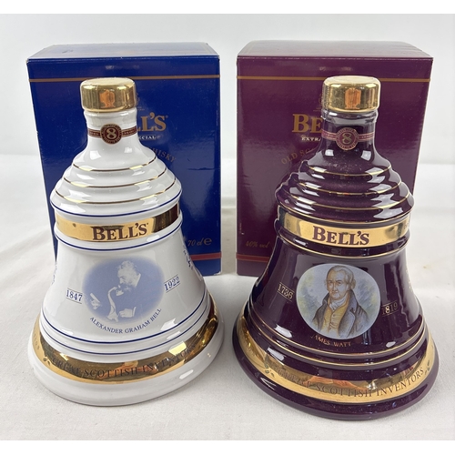 2 Ltd edition Bell's Scotch Whisky Christmas decanters by Wade - 2001 Alexander Graham Bell & 2002 James Watt. Boxed 70cl ceramic decanters, sealed & with 8 year old oak aged blended whisky.