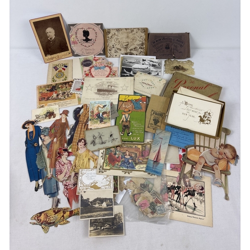 A box of assorted antique ephemera to include photographs, greetings ...