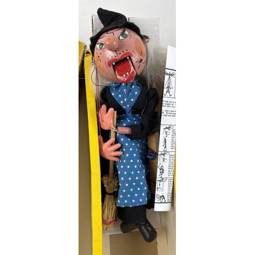 422 - A boxed vintage wooden Pelham Puppets marionette puppet of a witch. Comes with printed instructions.