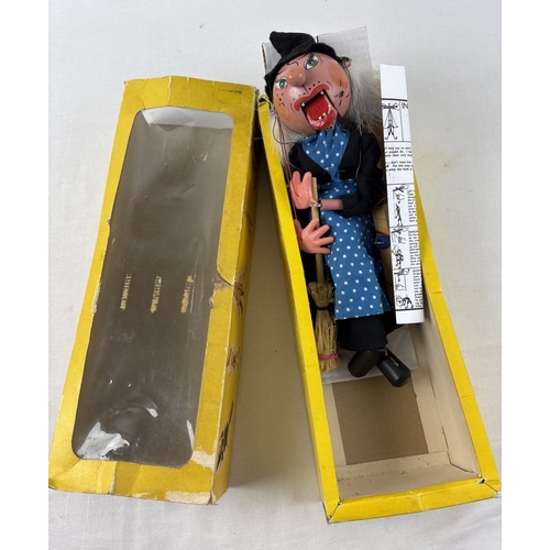 422 - A boxed vintage wooden Pelham Puppets marionette puppet of a witch. Comes with printed instructions.
