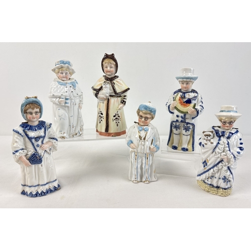 1326 - 6 assorted antique bisque nodder figurines in varying designs and colours. Each approx. 17cm tall.