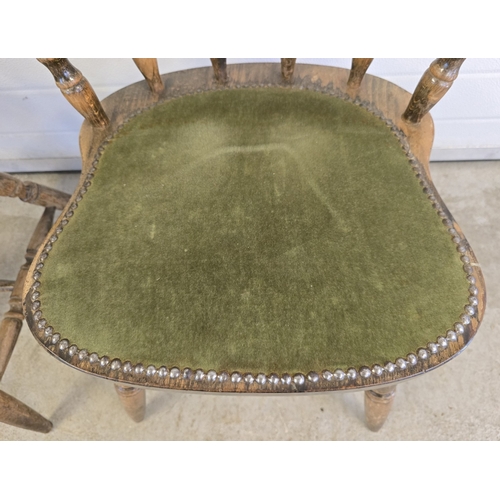 1338 - A pair of mid century bow back smokers together with a vintage dark wood 2 tier tea trolley with cas... 