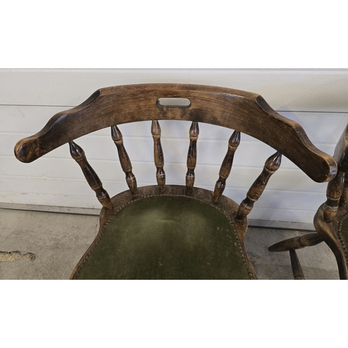 1338 - A pair of mid century bow back smokers together with a vintage dark wood 2 tier tea trolley with cas... 