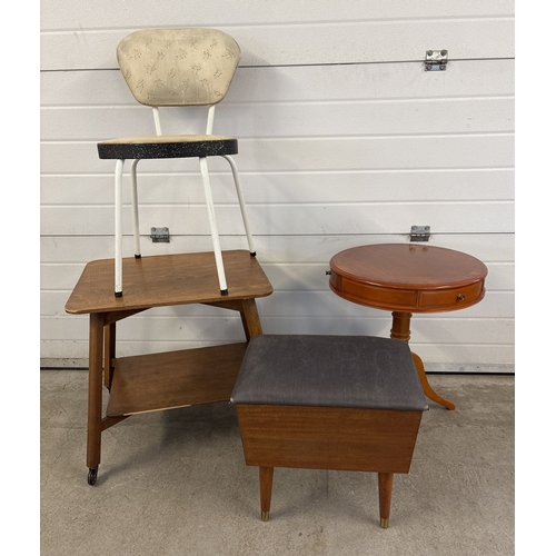 1341 - 4 items of small vintage furniture to include a drum table with turned pedestal and 3 drawers. Also ... 