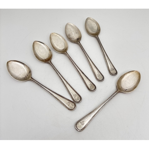 A set of 6 Victorian silver teaspoons with beaded pattern to handles and engraved initials CP. Hallmarked to reverse of bowls for Elkington & Co Ltd, Birmingham 1898. Total weight approx. 125.8g.