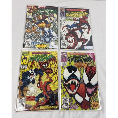 4 consecutive issues #360-363 of The Amazing Spider-Man comic book from Marvel, 1992. #360 - Cameo appearance of Carnage (Cletus Kasady), #361 - (2nd print issue) 1st full appearance of Carnage, #362 - (1st print issue) 3rd overall appearance of Carnage (Cletus Kasady) and #363 - 1st appearance of Richard & Mary Parker (LMDs).