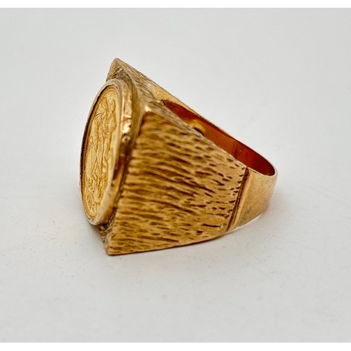 1014 - A men's heavy 9ct gold square shaped signet ring set with a 1903 Edward VII full sovereign. Brushed ... 