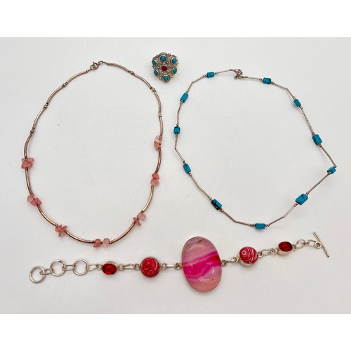 1038 - 4 pieces of silver, glass and natural stone set jewellery. A bracelet set with amber & pink banded a... 
