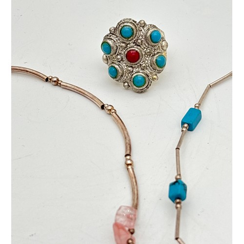 1038 - 4 pieces of silver, glass and natural stone set jewellery. A bracelet set with amber & pink banded a... 