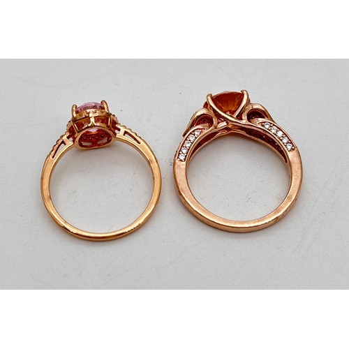 1045 - 2 modern design Diamonique Cubic Zirconia set silver cocktail rings in a yellow gold finish. A halo ... 